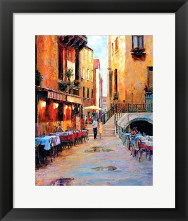 Framed Street Cafe after Rain Print