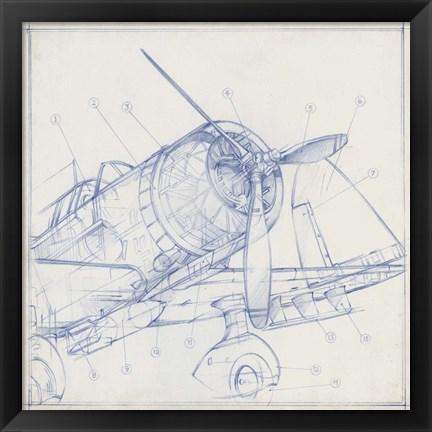 Framed Airplane Mechanical Sketch I Print