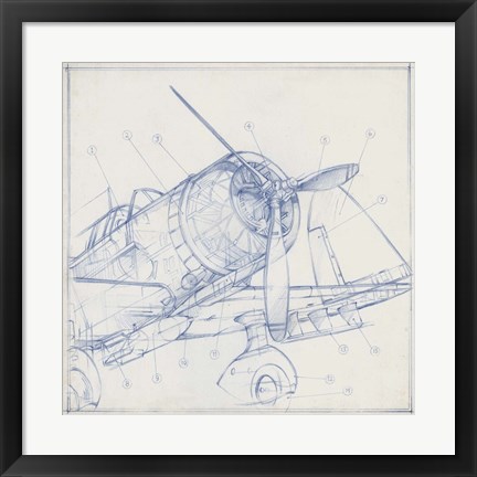 Framed Airplane Mechanical Sketch I Print