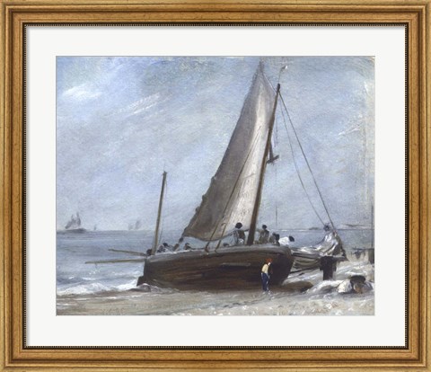 Framed Brighton Beach with Fishing Boats and Crew Print