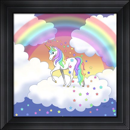 Framed Rainbow unicorn and falling stars Print