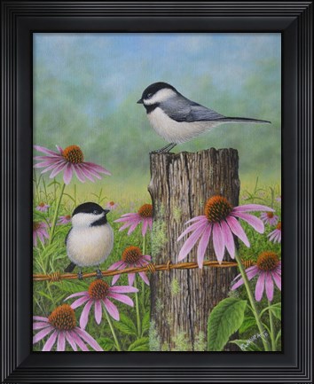 Framed Chickadees and Coneflowers Print