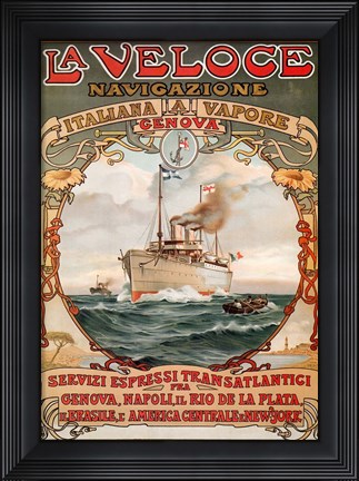 Framed Italian Steamship Travel Ad 1893 Print