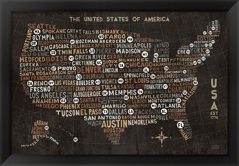 Framed US City Map Black Print
