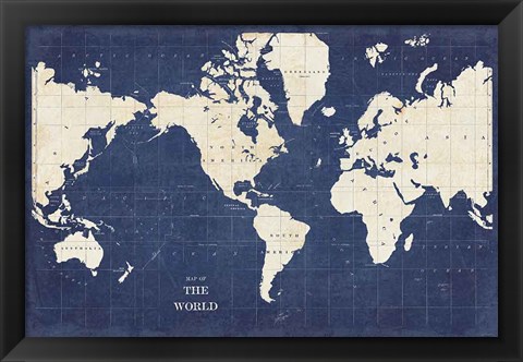 Framed Blueprint World Map - No Border Print