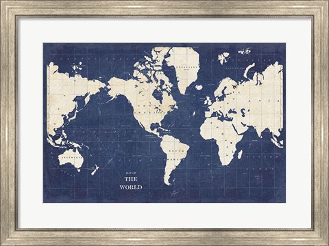 Framed Blueprint World Map - No Border Print