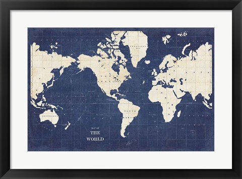 Framed Blueprint World Map - No Border Print