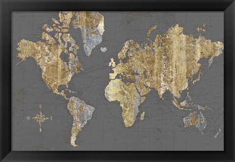 Framed Gilded Map Gray - No Border Print