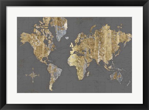 Framed Gilded Map Gray - No Border Print