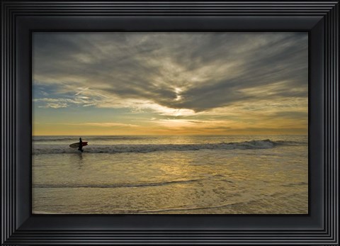 Framed Sunrise On Surfer With Board Walking Through Shore Waves, Cape May NJ Print