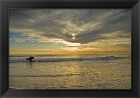 Framed Sunrise On Surfer With Board Walking Through Shore Waves, Cape May NJ Print