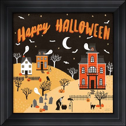 Framed Spooky Village IV Happy Halloween Print
