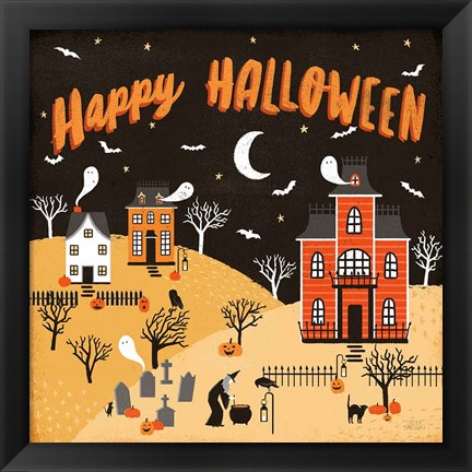 Framed Spooky Village IV Happy Halloween Print