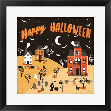 Framed Spooky Village IV Happy Halloween Print