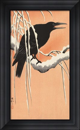 Framed Crow on a Snowy Bough, 1900-1930 Print