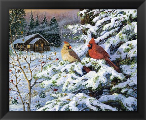 Framed Winters Warm Glow Cardinals Print