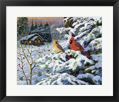 Framed Winters Warm Glow Cardinals Print