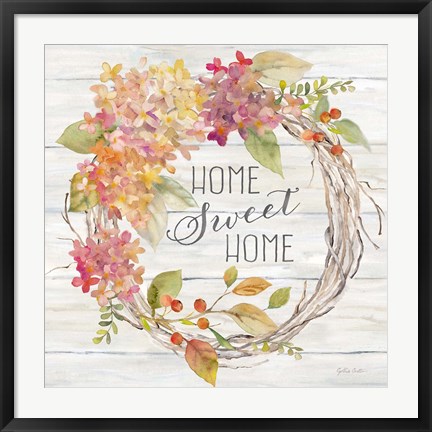 Framed Farmhouse Hydrangea Wreath Spice I Home Print