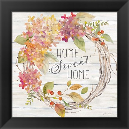 Framed Farmhouse Hydrangea Wreath Spice I Home Print