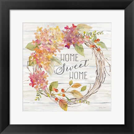 Framed Farmhouse Hydrangea Wreath Spice I Home Print