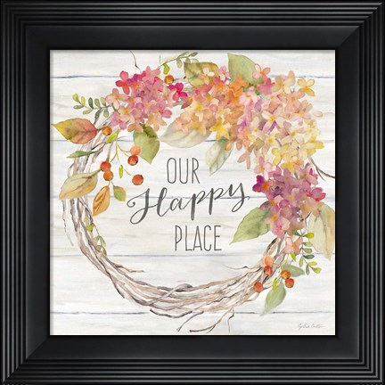 Framed Farmhouse Hydrangea Wreath Spice II Happy Place Print