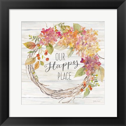 Framed Farmhouse Hydrangea Wreath Spice II Happy Place Print