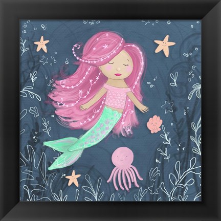 Framed Mermaid and Octopus Navy I Print