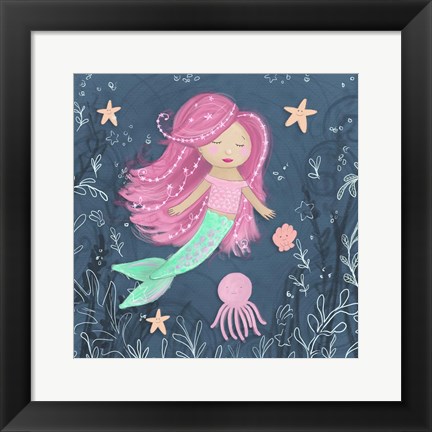 Framed Mermaid and Octopus Navy I Print