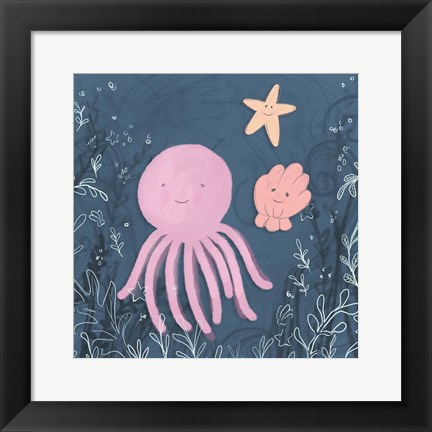 Framed Mermaid and Octopus Navy II Print