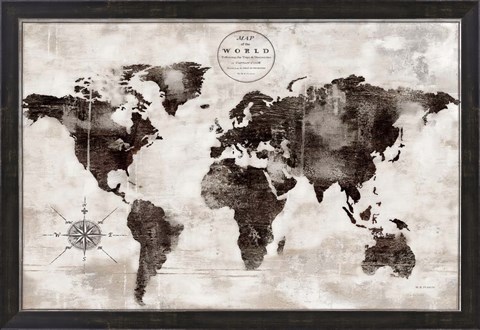 Framed Rustic World Map Black and White Print