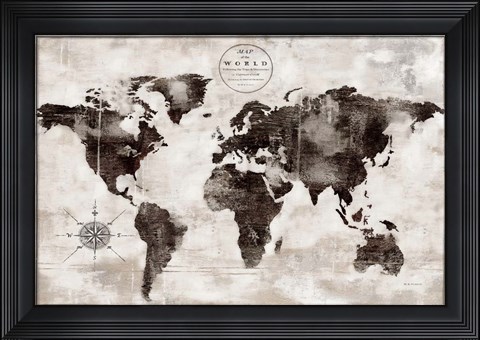 Framed Rustic World Map Black and White Print