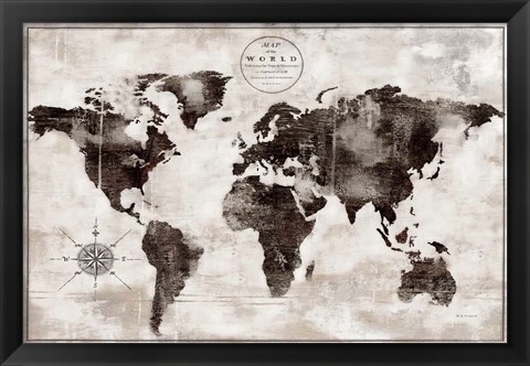 Framed Rustic World Map Black and White Print