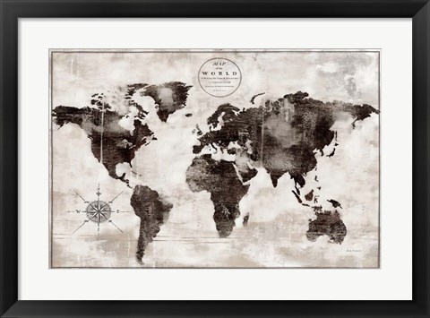 Framed Rustic World Map Black and White Print