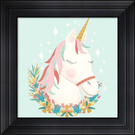 Framed Unicorns and Flowers I Print