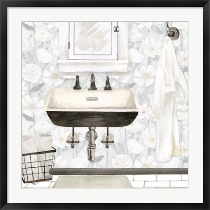 Framed White Floral Bath I Print