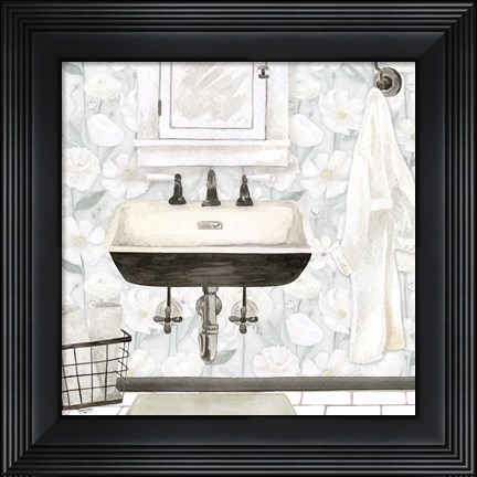 Framed White Floral Bath I Print