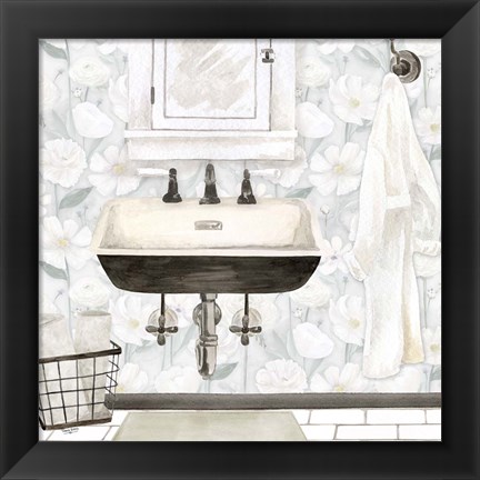 Framed White Floral Bath I Print