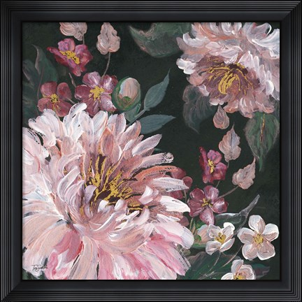 Framed Romantic Moody Florals on Black I Print