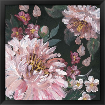 Framed Romantic Moody Florals on Black I Print