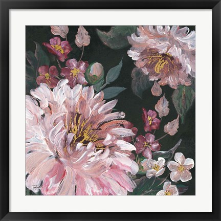 Framed Romantic Moody Florals on Black I Print