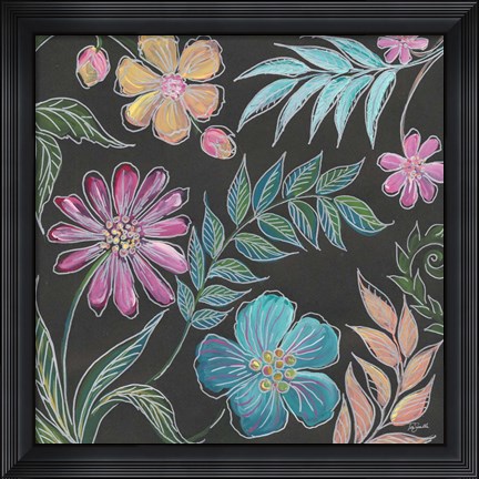 Framed Boho Florals on Black I Print