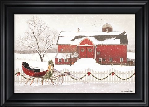 Framed Christmas Barn with Sleigh Print