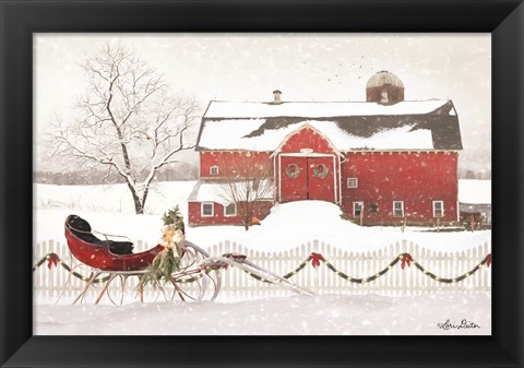 Framed Christmas Barn with Sleigh Print