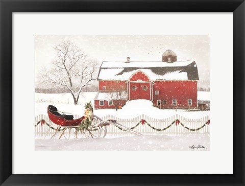 Framed Christmas Barn with Sleigh Print