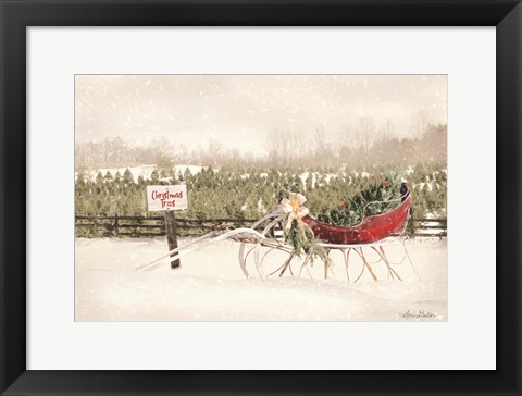 Framed Red Sleigh at Tree Farm Print