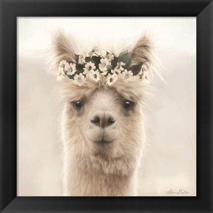 Framed Alpaca with Flowers Print