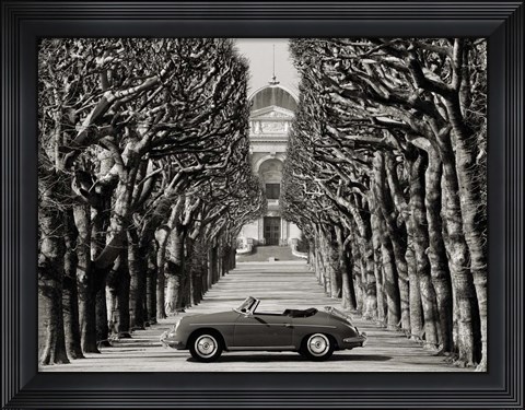 Framed Roadster in Tree Lined Road, Paris (BW) Print