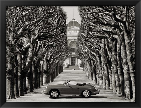 Framed Roadster in Tree Lined Road, Paris (BW) Print