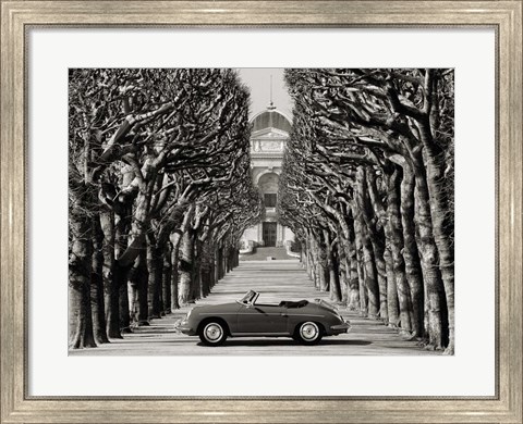Framed Roadster in Tree Lined Road, Paris (BW) Print