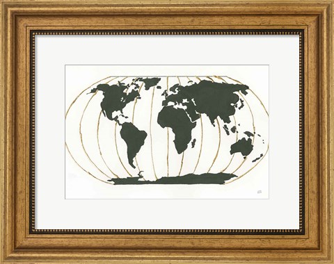 Framed World Map Gold Lines Print
